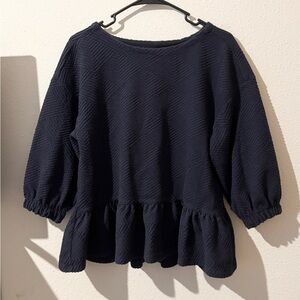 Anthropologie Maeve Quarter Sleeve Navy Blue Textured Peplum Mikayla Top